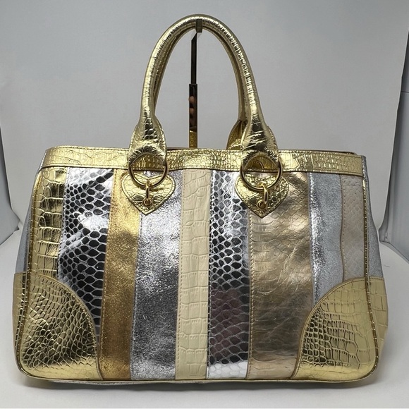BEVERLY FELDMAN Shoulder Bag Satchel Gold / Silver Leather handbag - Picture 11 of 16